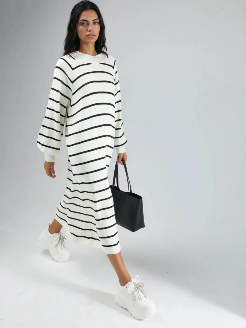 MY FASHION Dusty White MY FASHION Long Sleeve Striped Ribbed Knit Dress for Women | Best Price UAE